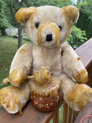 Sirius Enterprises Honey Pot Sitting Jointed Bear Bees 1985 Vintage