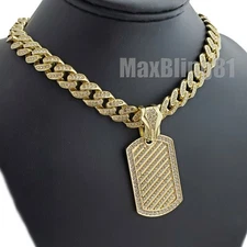 Gold PT Dog Tag Pendant 12mm 16" 18" 20" 24" Iced Cuban Box Lock Chain Necklace