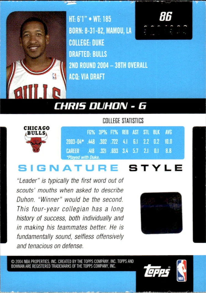 2004 BOWMAN SIGNATURE CHRIS DUHON 86 MINT AUTOGRAPH JERSEY 320/399 CHICAGO BULLS - Image 2 of 2