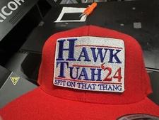 Hawk Tuah Hat Red Flat Bill Snapback - Pop Culture Viral Hype Wear - Patriotic