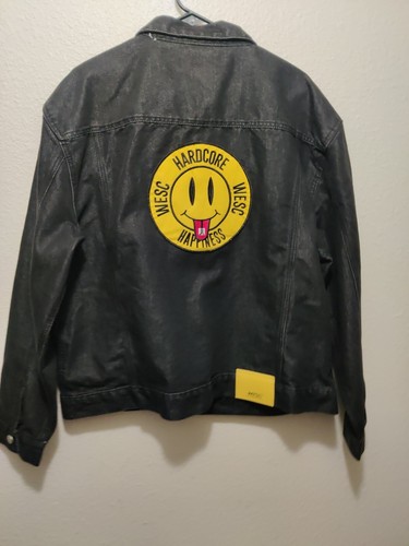 Wesc Jean Jacket Button Up Black Smiley Face Patch Unisex Mens XL / Womens XXL - Picture 4 of 6