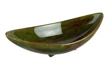 Vintage Green Brown Glazed Crescent Shaped Ceramic Dish Midcentury Modern