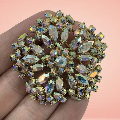 Vintage SIGNED   AB Rhinestone SHERMAN Gold Brooch Pin 1950s Aurora Borealis