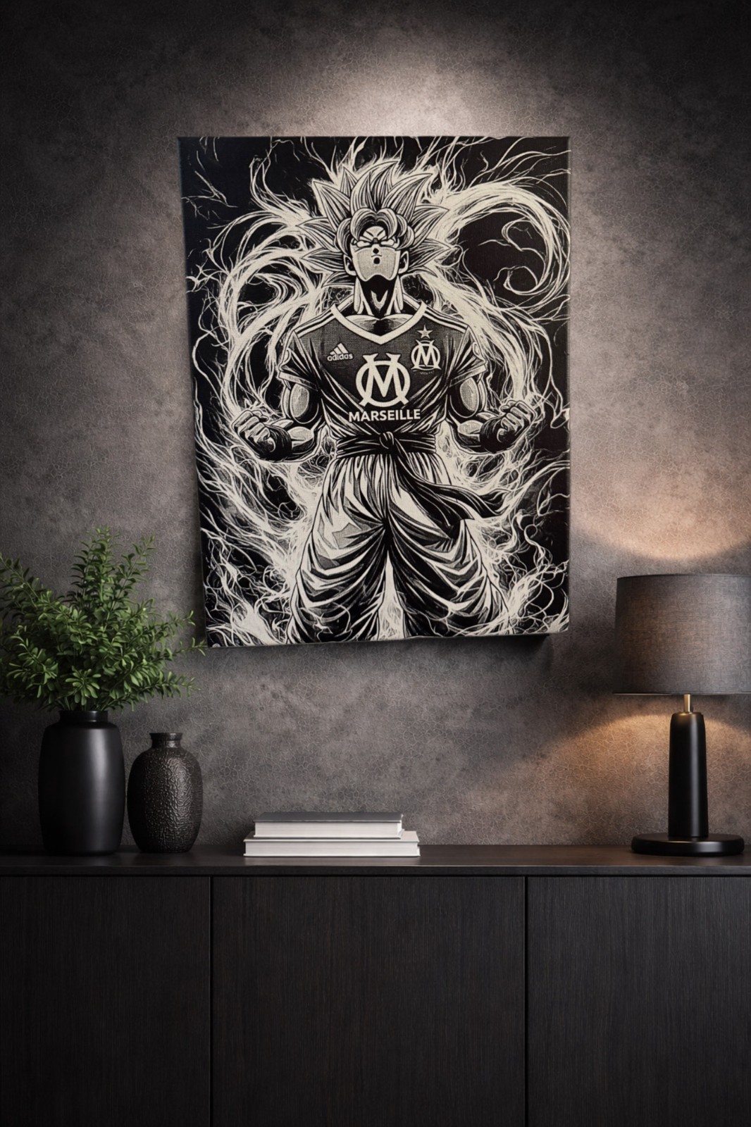 Toile decorative San Goku fan de Marseille 30x40cm en tissu canva et chassis bois stable