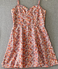 H&M Divided Floral Cotton Sundress Sweetheart Smocked Back Zip Size 12 Festival
