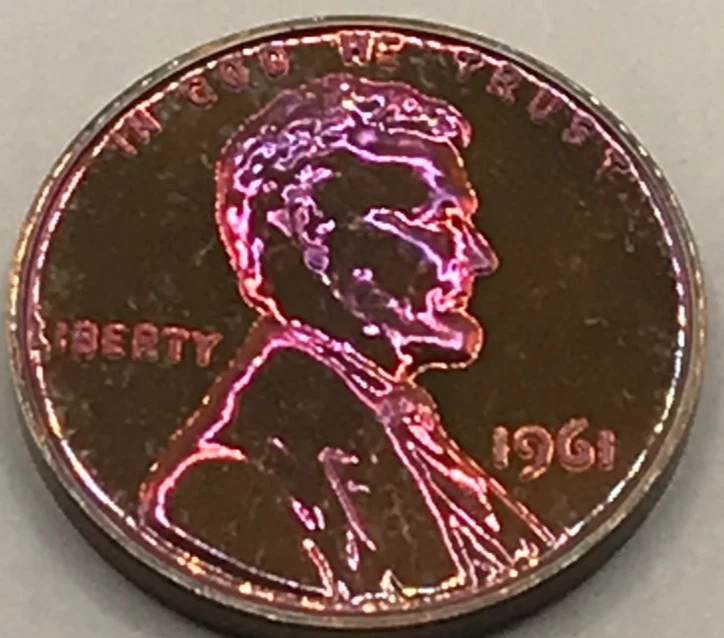 1961 Lincoln Cent Dark Purple-Pink-Red CRAZY TONED!! from OG Proof Set! Mirrors! - Image 4 of 4