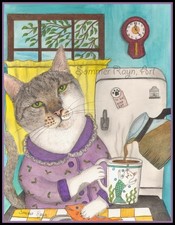 Cute Cat drinking Coffee in the kitchen, retro, cards, prints, magnet, 0581