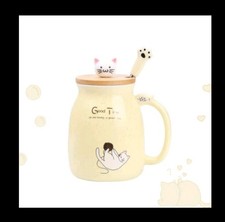 Niedliche Katze Keramiktasse mit Deckel & Löffel 16 Unzen Gelb Kaffee Tee Tasse Geschenk Neu