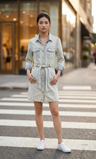 Velvet Heart Denim  Light Blue Denim Belted Collared Shirt Dress Button Down M