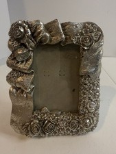 Roses and Ribbon Ornate Silver Picture Frame 2 1/2 X 3 1/2 In Hollywood Regency