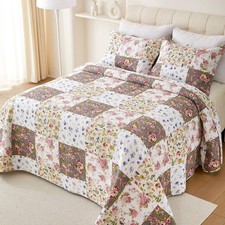 Patchwork Quilt Set Brown Floral Plaid Reversible Bedspread Coverlet Set Cotton