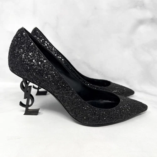 SAINT LAURENT (YSL) Saint Laurent Opyum Glitter 85 YSL decolte a punta stiletto tacco nero 38 5