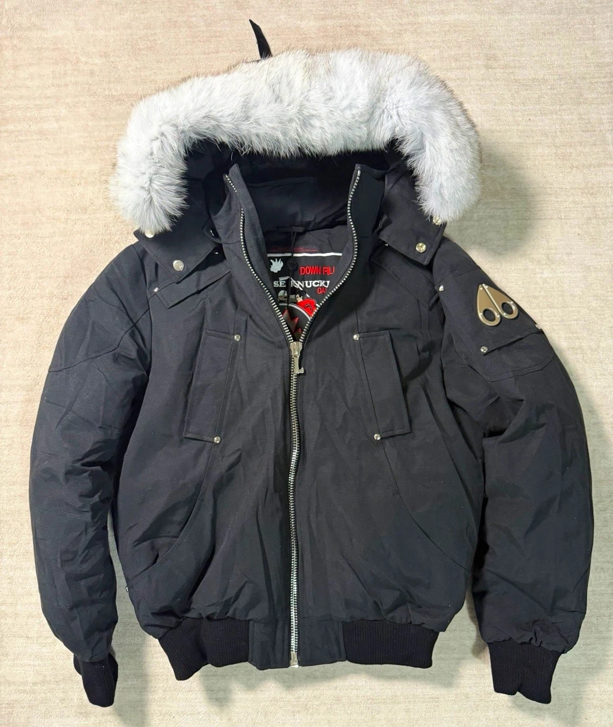 Moose Knuckles Bomber Men's Black Down Hooded Fur Jacket Small - FAST SHIPPING🚚 image 1