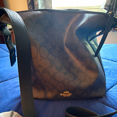 Coach Black Signature Monogram Crossbody Bag Zip Top, Outer Pockets Gold HW