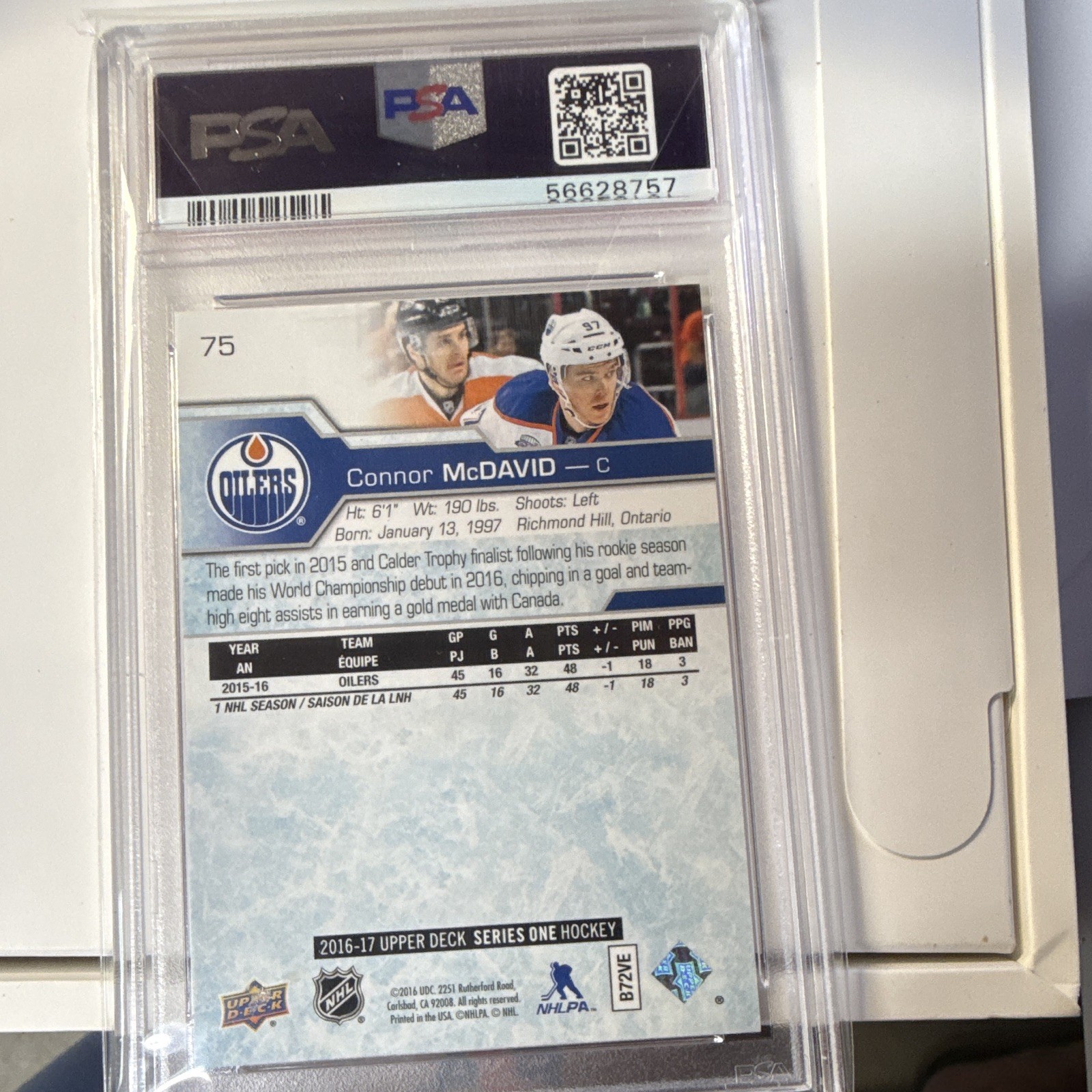 Upper Deck 2016-17 Series One Connor McDavid #75 Oilers PSA 8 Graded view 3