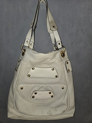 B Makowsky Leather Handbag Purse White Sand Color Large With Gold Accent 