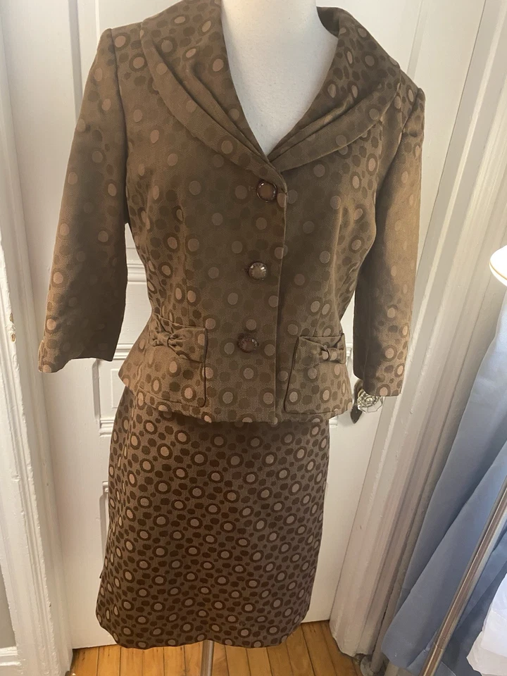 TRAJE FALDA LIS CLAIBORNE ESTILO RETRO MARRÓN CON LUNARES-TALLA 12P-MEZCLA DE ALGODÓN!! Foto 3 de 4