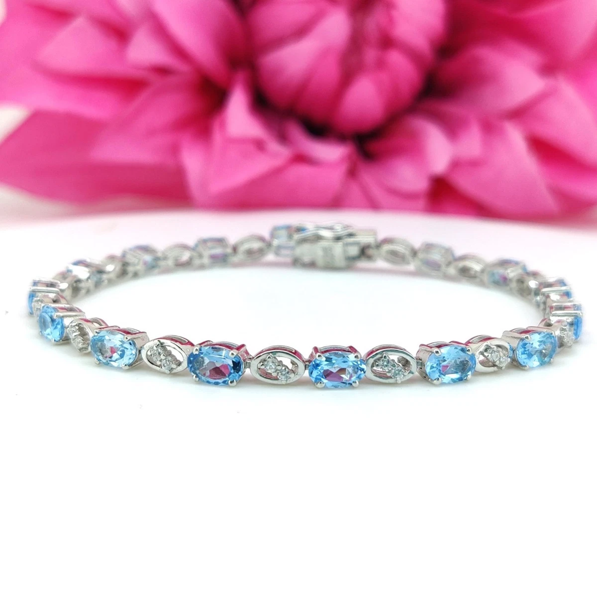 Swiss Blue Topaz Tennis Bracelet 925 Sterling Silver Oval Gemstone Bracelet Gift