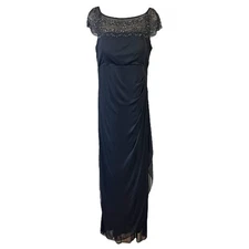 MSK Dress 8 Navy Blue Scallop Trim Beaded Sheer Ruching Elegant Wedding MOB NEW