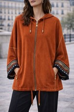 Cardigan Jijil Rust Boho Dolman manica cappuccio zip artigianale bordo ricamato frange