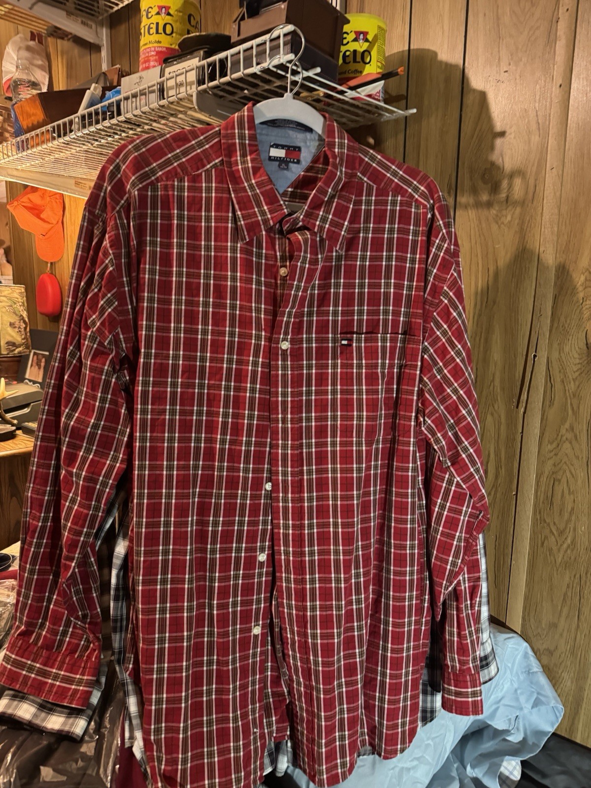 TOMMY HILFIGER Men’s Red/White Plaid Long Sleeve Shirt Size XL