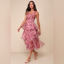 Lulus Dramatic Glamour Floral Organza Tiered Midi Dress in mauve/pink