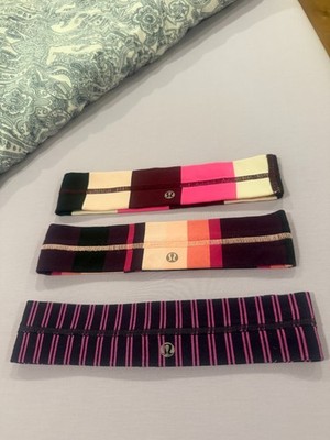 LOT OF 3 WOMEN'S LULULEMON TAMER FLY AWAY HEADBANDS NO SLIP PINK PURPLE STRIPE