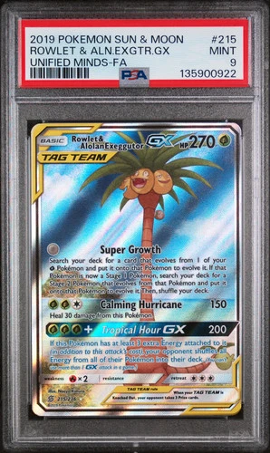 Rowlet & Alolan Exeggutor GX #215 Alt Art Pokemon Sun & Moon Unified Minds PSA 9