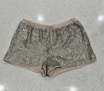 H&M Women s Blush & Champagne Sequined Elastic Waist Drawstring Shorts Size 8