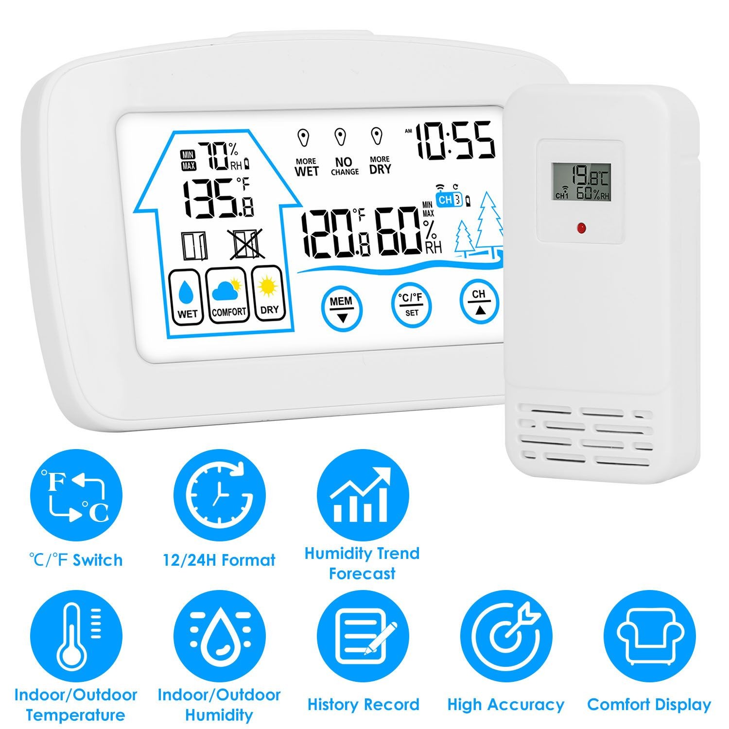 Indoor Outdoor Thermometer Humidity Monitor Clock