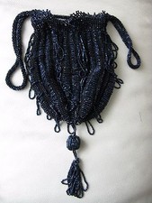Antique Art Deco Navy Blue Crochet Peacock Carnival Bead Ball Drawstring Purse