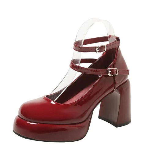 Scarpe donna moda plateau Mary Jane doppia fibbia tacco spesso decolte tacco alto - Foto 15 di 19