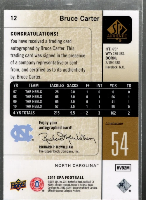 B3818- 2011 SP Authentic Autographs Gold #12 Bruce Carter Auto /15 *SAMPLE PIC - Image 2 of 2