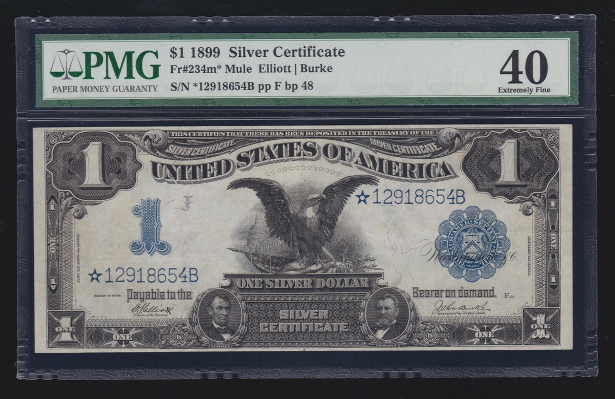 US 1899 $1 Black Eagle Silver Certificate *STAR NOTE* FR 234m* PMG