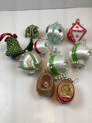 8 Vtg Handmade Push Pin Velvet Pearl Beads Sequins Ornaments + 2 Half Egg Shell