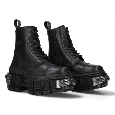 New Rock Stiefel WALL083C-S4 Unisex Metallic Schwarz Leder Plateau Gothic Boots