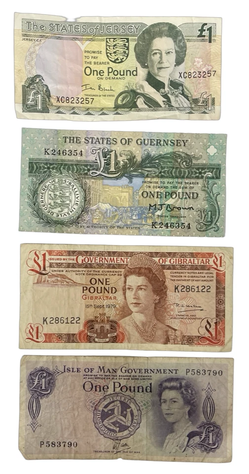 CHANNEL ISLANDS 4 BANKNOTE COLLECTION - JERSEY, GIBRALTAR, GUERNSEY, ISLE OF MAN - Image 1 of 2