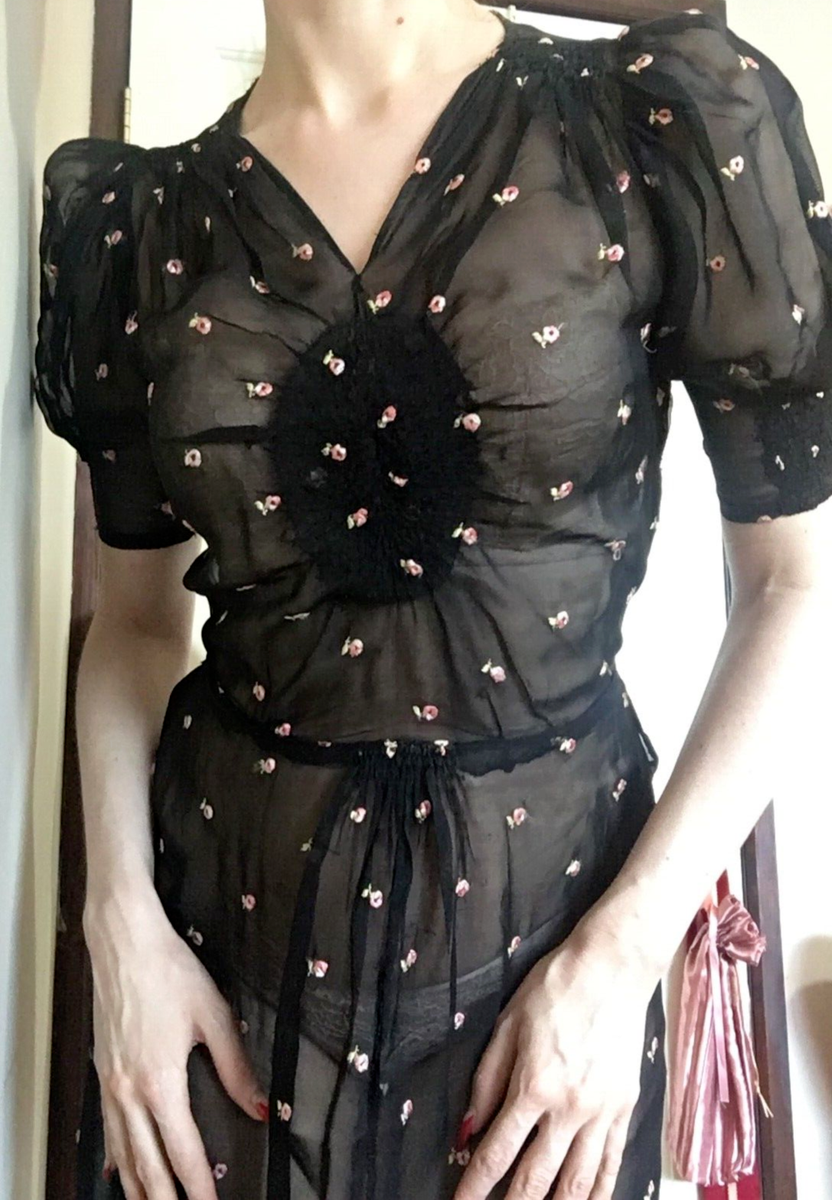 Vintage 1930s Romantic Pink Rose Floral Embroidered Black Sheer Chiffon  Dress S | eBay