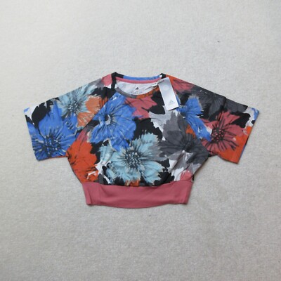Adidas bauchfreies Oberteil Allover-Druck Damen klein blau Blumen T-Shirt Freizeit neu mit Etikett