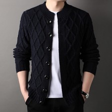 Stand Up Collar Wool Sweater Men's Cardigan Knitted Sweater Jacquard Button Coat