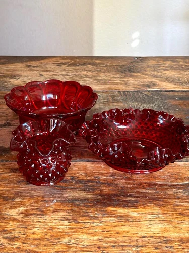 Lot of 3 Vintage Fenton Red Bowls Hobnail Votive Holder | Christmas