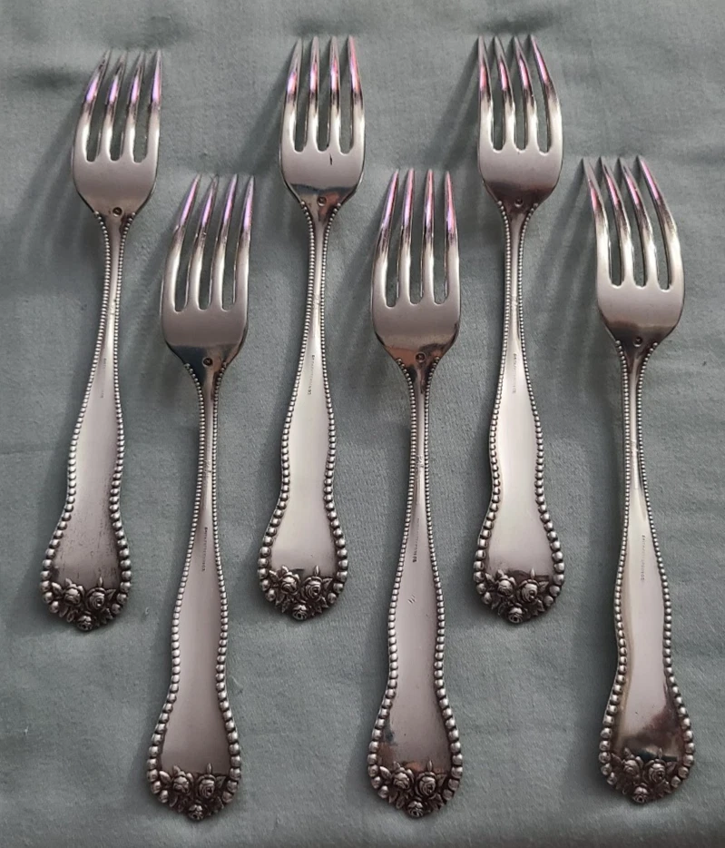 Juego de 6 tenedores de cena antiguos Gorham Lancaster de plata de ley, escritura mono F Foto 2 de 4