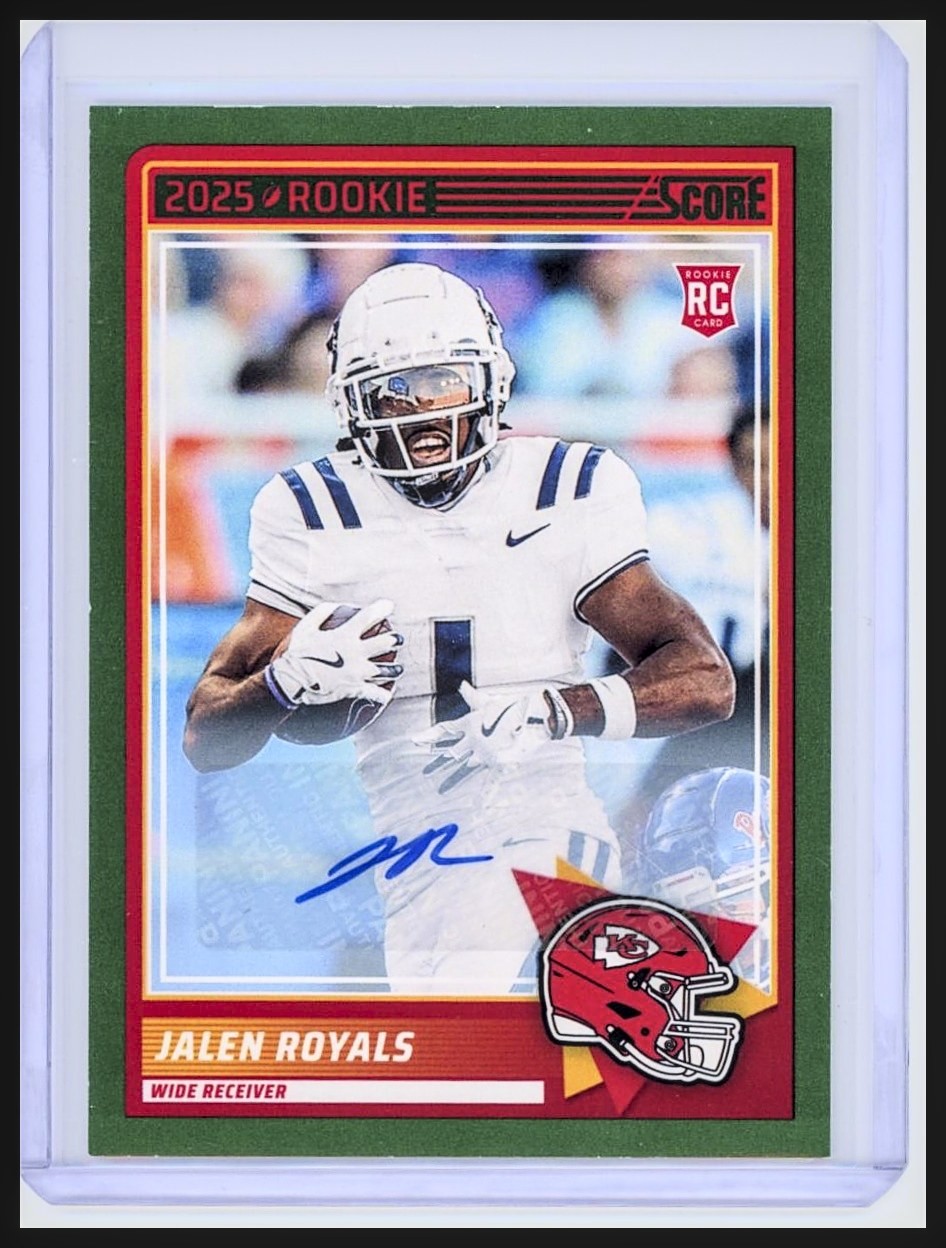 2025 Score #8 Jalen Royals RC Rookie Signatures Auto Green Chiefs