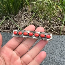 Gorgeous Antique / Vintage Made In France Sterling Silver & Coral Hair Barrette