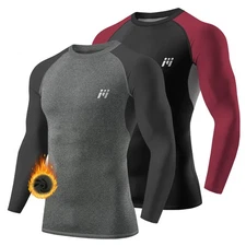 2 Pack Men Compression Base Layer Tops Long Sleeve Sports Workout Running Shirts