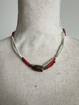 Coco Rose Beaded Necklace: White, Red & Turquoise Tribal Style w/ Brass Accents