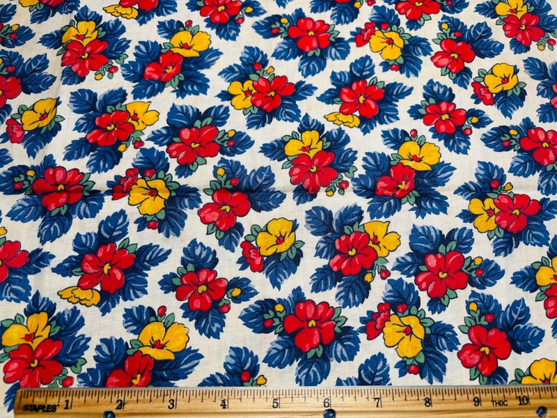 Antique Vintage Cotton Fabric 1930s 40s Red Blue Yellow Floral  35w 1yd