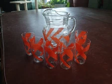 Vintage Orange Striped Pitcher and 6 Glasses Set