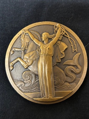 1935 SS Normandie Bronze Medal Jean Vernon French Line Art Deco Ocean Liner
