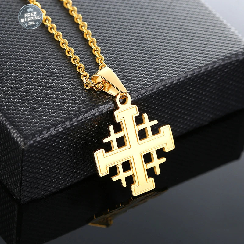 Gold Christianity Jerusalem Cross Pendant Necklace Stainless Steel 24 inch Chain
